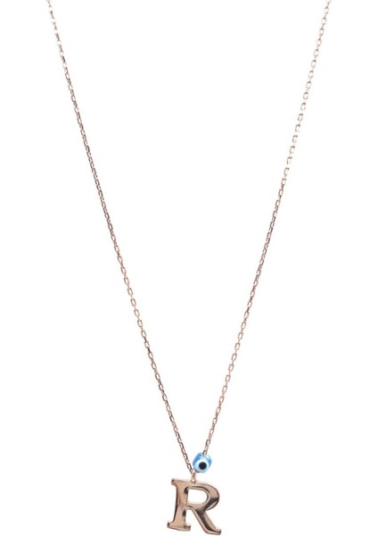 925 Ayar Rose Kaplamalı Nazar Gözlü Minimal Tasarım R Harf Gümüş Kolye