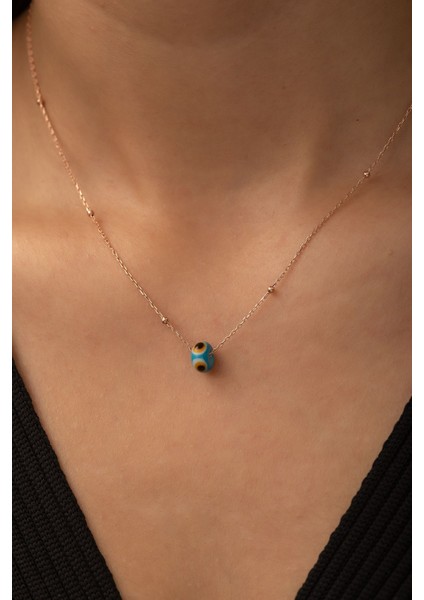 925 Ayar Rose Kaplamalı Turkuaz Mineli Nazar Gözlü Top Zincirli Gümüş Kolye