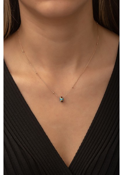 925 Ayar Rose Kaplamalı Turkuaz Mineli Nazar Gözlü Top Zincirli Gümüş Kolye fiyatları