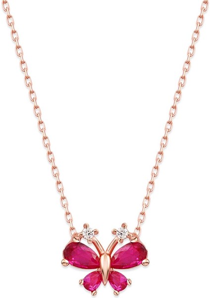 925 Ayar Rose Kaplamalı Pembe Taşlı Kelebek Gümüş Kolye
