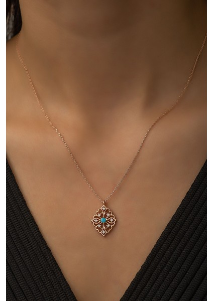 925 Ayar Rose Kaplamalı Turkuaz Taşlı Elegant Tasarım Gümüş Kolye