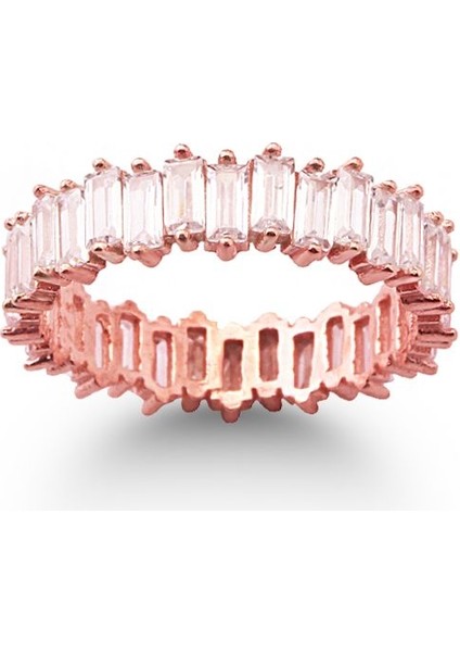 925 Ayar Rose Kaplamalı Beyaz Baget Taşlı Tam Tur Gümüş Yüzük