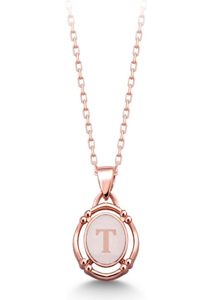 925 Ayar Rose Kaplamalı Beyaz Mineli T Harfi Gümüş Kolye