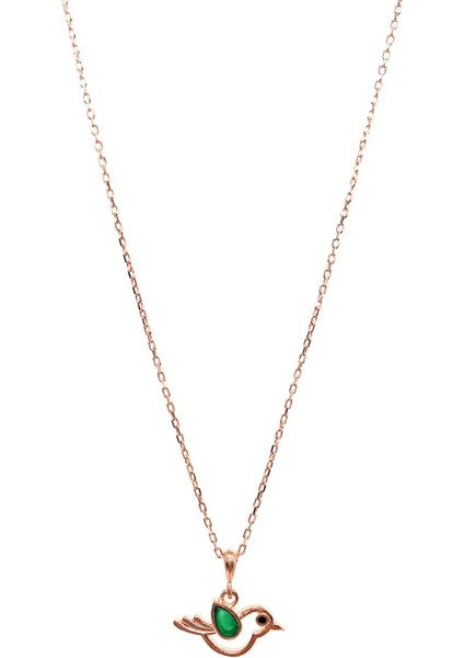 925 Ayar Rose Kaplamalı Yeşil Taşlı Kuş Tasarımlı Gümüş Kolye