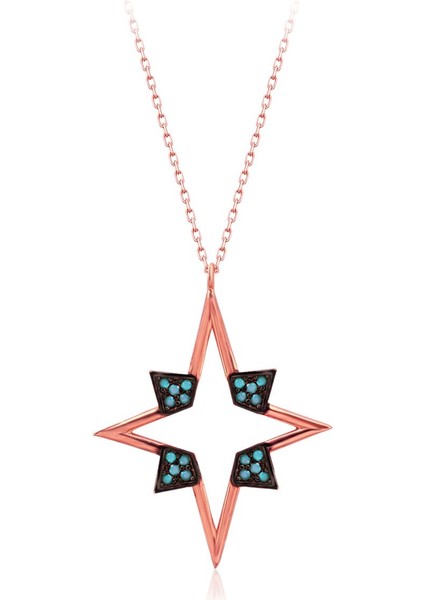 925 Ayar Rose Kaplamalı Turkuaz Taşlı Kutup Yıldızı Gümüş Kolye