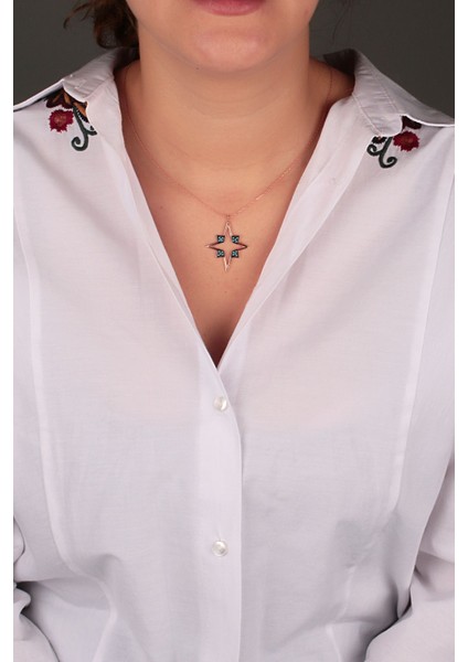 925 Ayar Rose Kaplamalı Turkuaz Taşlı Kutup Yıldızı Gümüş Kolye fiyatları