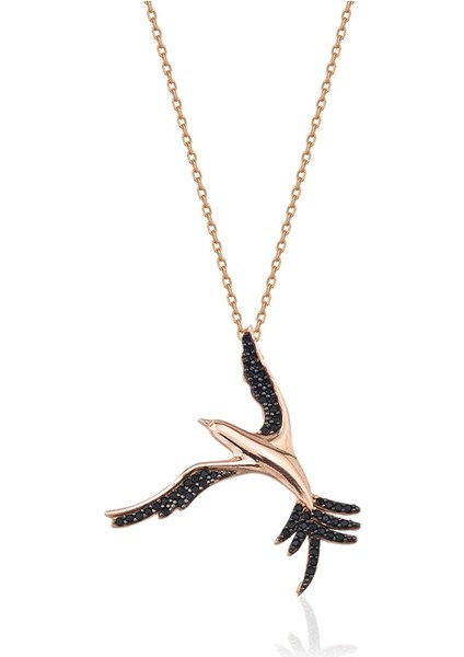 925 Ayar Rose Kaplamalı Siyah Taşlı Anka Kuşu Gümüş Kolye