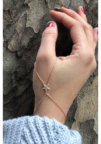 925 Ayar Rose Kaplamalı Beyaz Taşlı Yıldız Gümüş Baş Parmak Şahmeranı