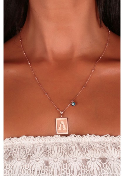 925 Ayar Rose Kaplamalı Nazarlı Plaka Model A Harf Gümüş Kolye