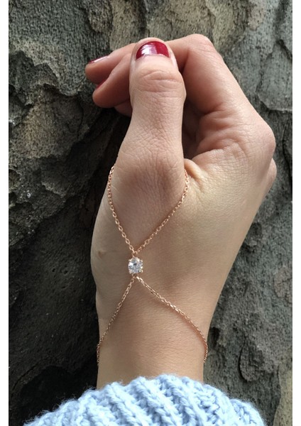 925 Ayar Rose Kaplama Yuvarlak Beyaz Taşlı Gümüş Baş Parmak Şahmeranı