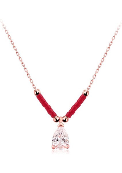 925 Ayar Rose Kaplamalı Mercan Boncuklu Beyaz Damla Zirkon Taşlı Gümüş Kolye