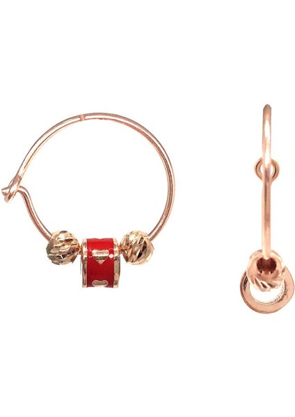 925 Ayar Rose Kaplamalı Dorika Taşlı Kırmızı Mineli Kalpli Halka Gümüş Küpe