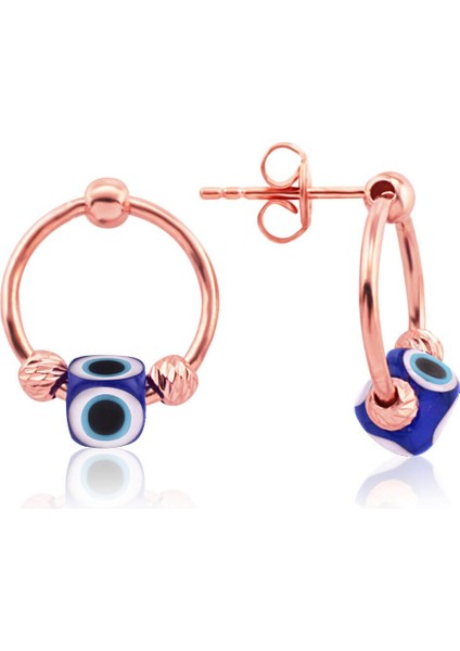 925 Ayar Rose Kaplamalı Dorika Taşlı Lacivert Mineli Nazar Göz Halka Gümüş Küpe