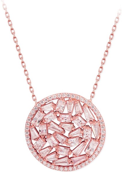 925 Ayar Rose Kaplamalı Beyaz Baget Taşlı Kenarları Beyaz Taşlı Yuvarlak Tasarım Gümüş Kolye