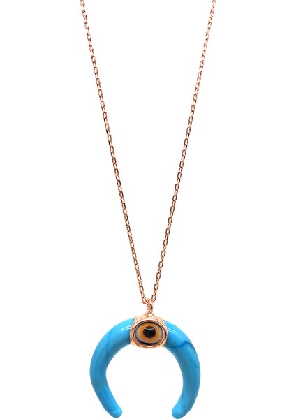 925 Ayar Rose Kaplamalı Nazar Gözlü Turkuaz Mineli Ay Tasarım Gümüş Kolye