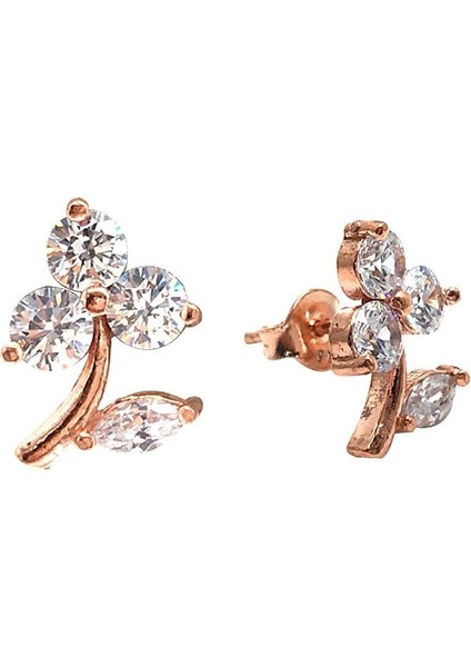 925 Ayar Rose Kaplamalı Beyaz Taşlı 3 Yapraklı Yonca Gümüş Küpe