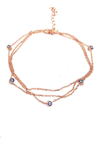 925 Ayar Rose Kaplama Üç Zincirli Laci Mineli Nazar Göz Gümüş Bileklik