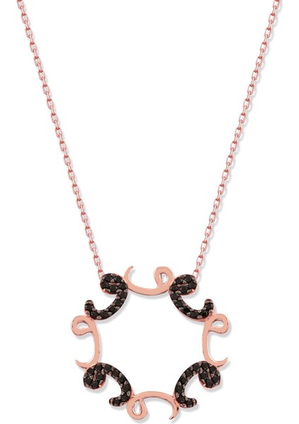 925 Ayar Rose Kaplamalı Siyah Taşlı Vav Gümüş Kolye