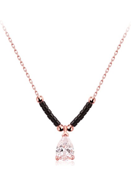 925 Ayar Rose Kaplamalı Siyah Boncuklu Beyaz Damla Zirkon Taşlı Gümüş Kolye