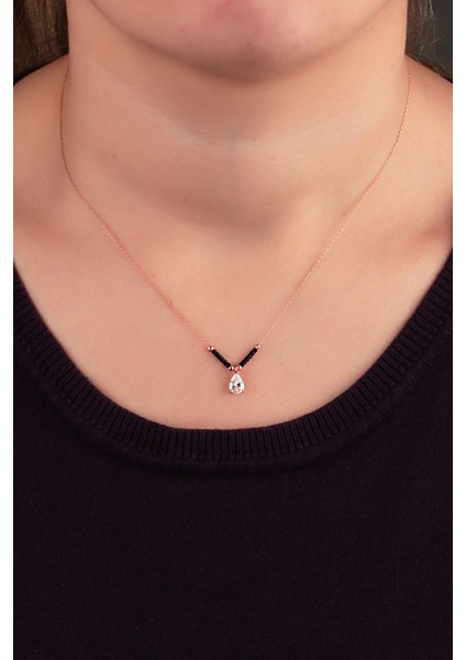 925 Ayar Rose Kaplamalı Siyah Boncuklu Beyaz Damla Zirkon Taşlı Gümüş Kolye fiyatları