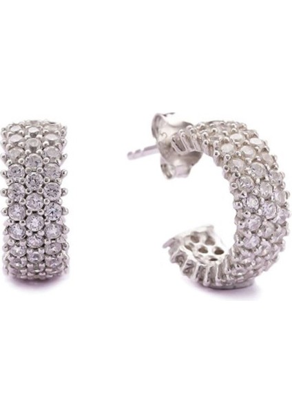 925 Ayar Rodyum Kaplamalı 3 Sıralı Beyaz Taşlı Halka Gümüş Küpe