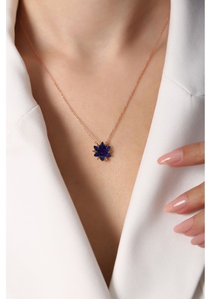 925 Ayar Rose Kaplamalı Özel Koleksiyon Mor Taşlı Çiçek Gümüş Kolye