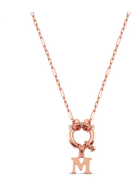 925 Ayar Rose Kaplamalı Halka Kilit Minimal Tasarım M Harf Gümüş Kolye