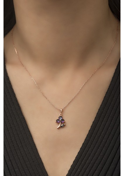 925 Ayar Rose Kaplamalı Mistik Topaz Taşlı Çiçek Gümüş Kolye
