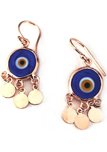 925 Ayar Rose Kaplamalı Yuvarlak Pullu Lacivert Mineli Nazar Göz Gümüş Küpe