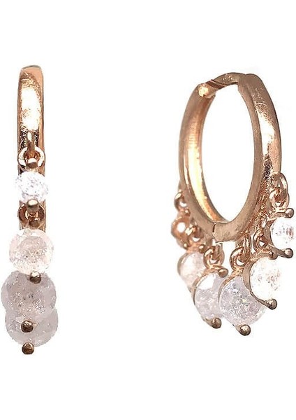 925 Ayar Rose Kaplamalı Sallantılı Buzlu Beyaz Taşlı Minimal Halka Gümüş Küpe