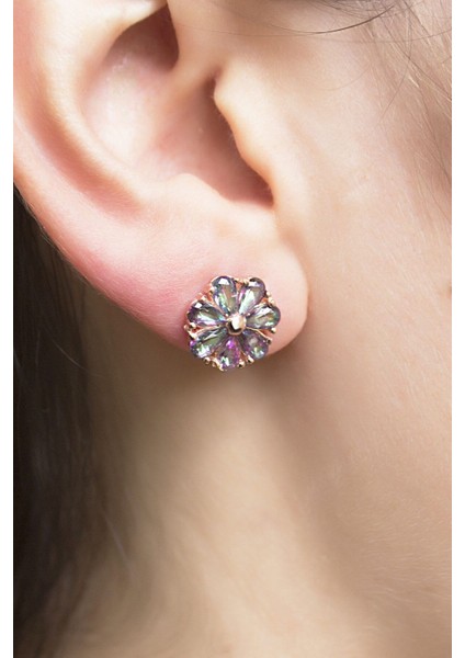 925 Ayar Rose Kaplamalı Mistik Topaz Taşlı Papatya Gümüş Küpe