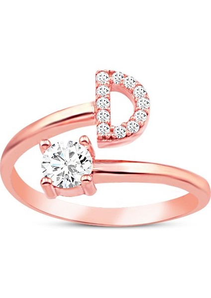 925 Ayar Rose Kaplamalı Beyaz Taşlı D Harfi Gümüş Yüzük