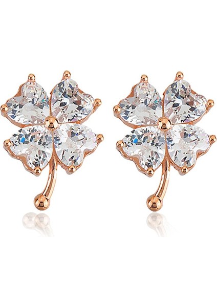 925 Ayar Rose Kaplamalı Beyaz Taşlı Yonca Gümüş Küpe