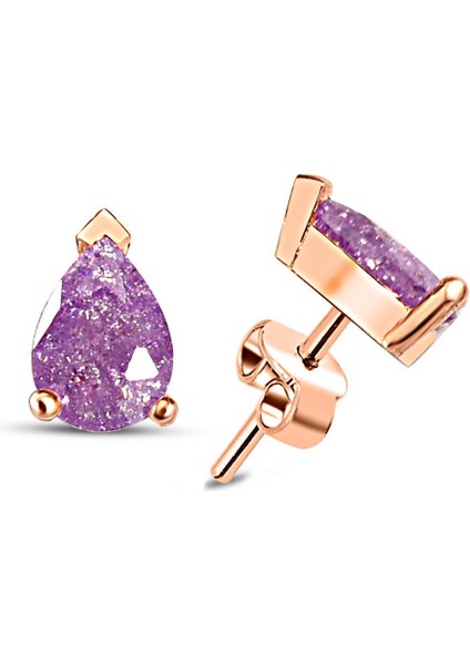925 Ayar Rose Kaplamalı Damla Kesim Mor Taşlı Gümüş Küpe