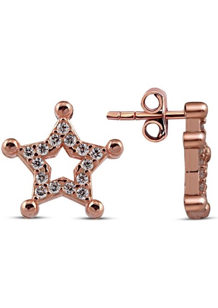 925 Ayar Rose Kaplamlı Beyaz Zirkon Taşlı Gümüş Yıldız Küpe