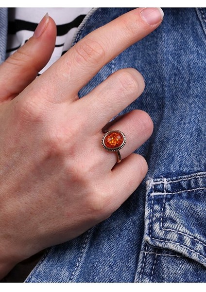 Doğal Taşlı Kehribar Ayarlanabilir Yüzük Orta Boy