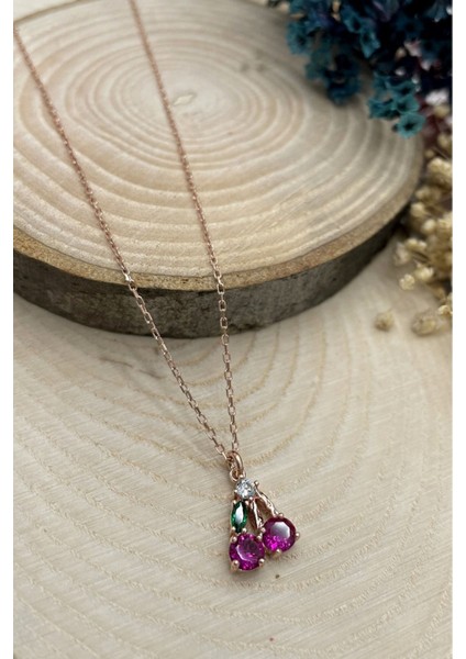 925 Ayar Rose Kaplamalı Ruby Taşlı Minimal Kiraz - Meyve Gümüş Kolye