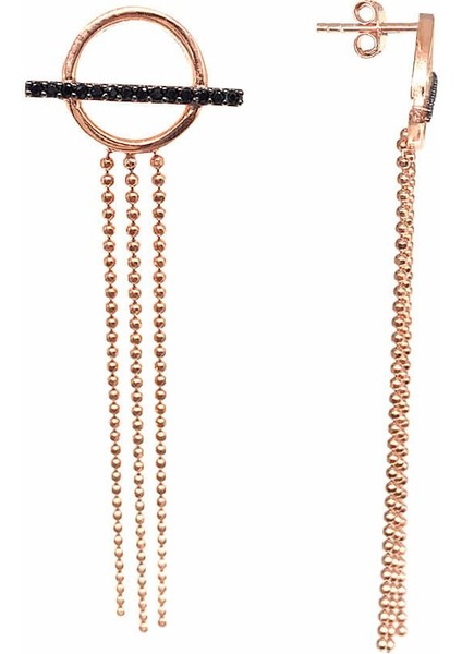 925 Ayar Rose Kaplamalı Siyah Taşlı Top Zincirli Sallantılı Gümüş Küpe