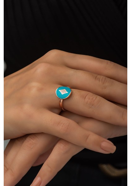 925 Ayar Rose Kaplamalı Beyaz Taşlı Turkuaz Mineli Tasarım Gümüş Yüzük