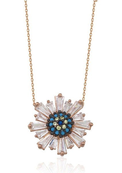 925 Ayar Rose Kaplamalı Beyaz ve Turkuaz Taşlı Nazar Çiçek Gümüş Kolye