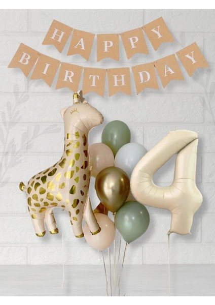 Bej Krem Rakam Balon Soft Kahve Renkler Zürafa Set Arka Fon 4 yaş Balon Kraft Happy Birthday Banner