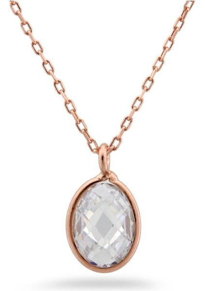 925 Ayar Rose Kaplamalı Oval Kesim Beyaz Taşlı Minimal Tasarım Gümüş Kolye