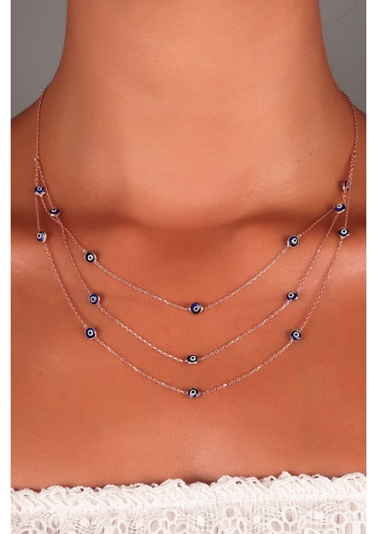 925 Ayar Rose Kaplamalı 3 Zincirli Laci Nazar Göz Sıralı Gümüş Kolye