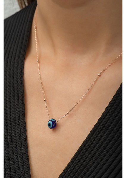 925 Ayar Rose Kaplamalı Laci Mineli Nazar Gözlü Top Zincirli Gümüş Kolye