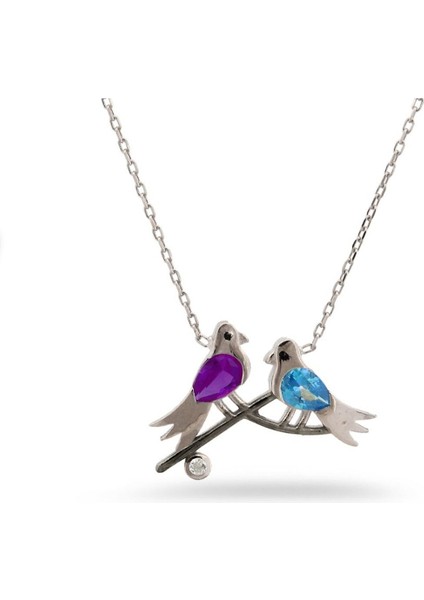 925 Ayar Rodyum Kaplamalı Aqua ve Mor Taşlı 2li Kuş Gümüş Kolye