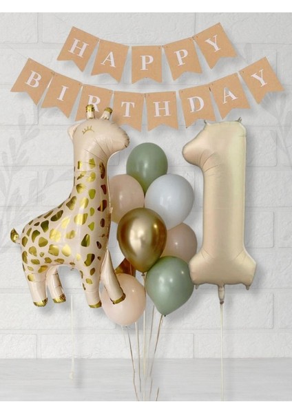 Krem 1 Yaş Rakam Balon Soft Kahve Renkler Zürafa Set Kraft Happy Birthday Banner Parti Seti