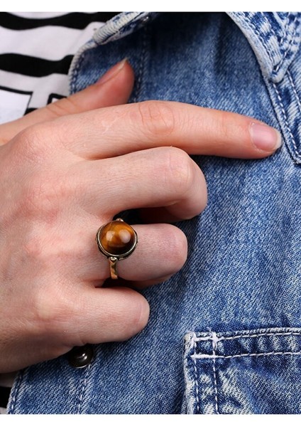 Doğal Taş Kaplan Gözü Doğal Taşlı Ayarlanabilir Yuvarlak Taşlı Yüzük