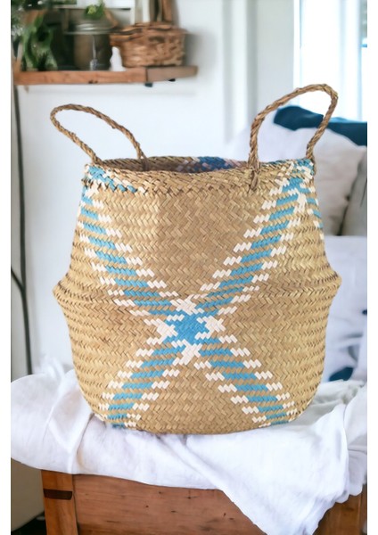 Katlanabilir Sepet Doğal Deniz Sazı Organizer Dekoratif Düzenleyici Turkuaz Çizgili 30CM Ocean Point modelleri