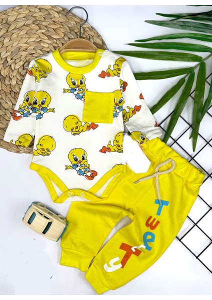 Zenwave 3-6-9-12 Ay Tweety Baskılı Yaka Çıtçıtlı Uzun Kollu Zıbınlı 2li Kız Erkek Bebek Takımı