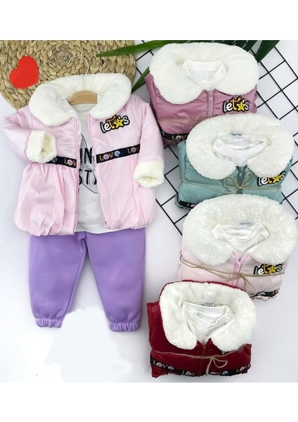 Zenwave Tüylü Yaka Manşet Mont Lastik Paça Pantolon Uzun Kollu Sweatli 3lü Kız Bebek Takımı